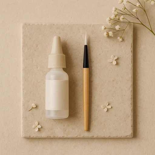 Beige dropper bottle with makeup brush and white flowers