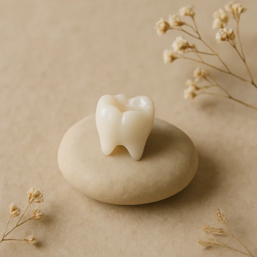 Dental crown on smooth stone with dried baby's breath flowers